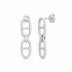 A pair of polished silver drop earrings featuring a vertical oval link design on one earring and a side profile of the other on a clean white background.