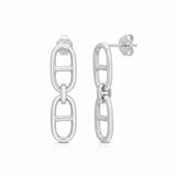 A pair of polished silver drop earrings featuring a vertical oval link design on one earring and a side profile of the other on a clean white background.