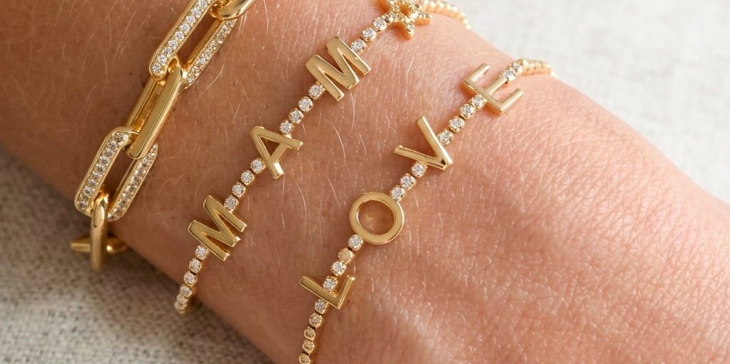 Gold bracelets with 'I love you' on a wrist against a neutral background